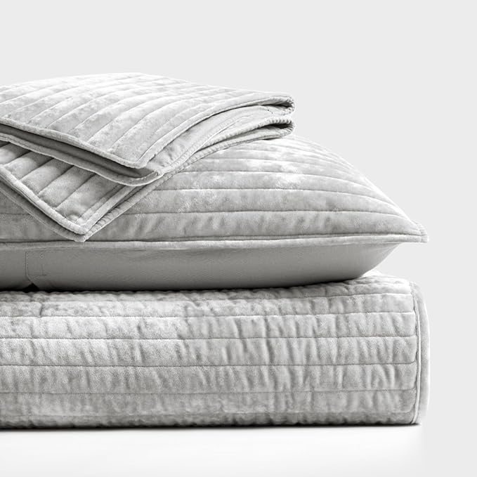 EverGrace Velvet Quilt Set King Size, Luxurious Soft Striped Channel Bedding Set, Lightweight Velvet Comforter for All Season, Oversized Bedspread Coverlet with 2 Matching Shams, Frost Gray