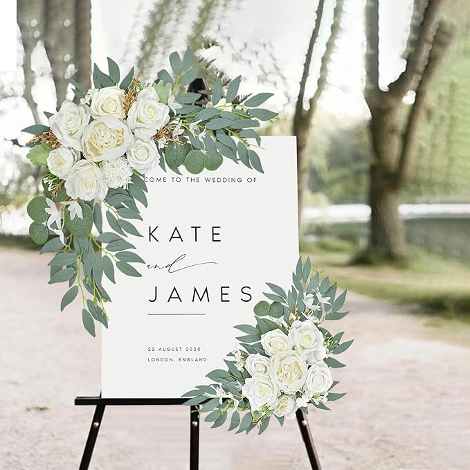 Wedding Arch Faux Flowers Set of 2, Wedding Welcome Signs Greenery Garland Decoration for Ceremony, Reception, Backdrop (White)