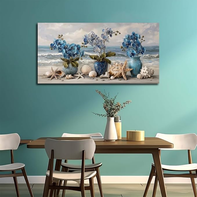 AOZEMI Large Beach Wall Art Blue Wall Decor Floral Canvas Art Coastal Seascape Ocean Pictures Flower Vase Poster Starfish Conch Shell Print Art for Bedroom Bathroom Living Room Office 24"x 48"