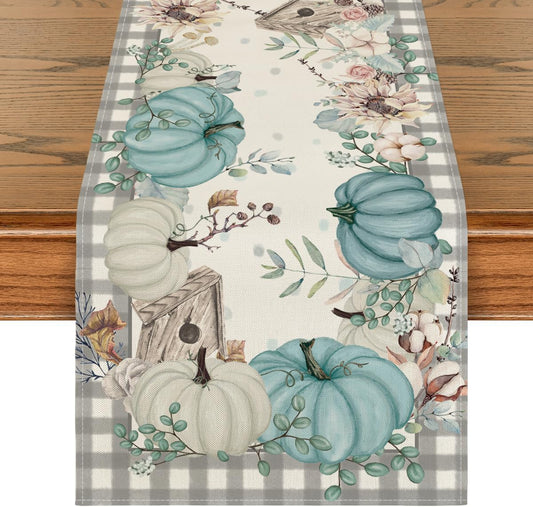 Artoid Mode Buffalo Plaid Pumpkins Leaves Fall Table Runner, Autumn Thanksgiving Kitchen Dining Table Decoration for Home Party Decor 13x72 Inch