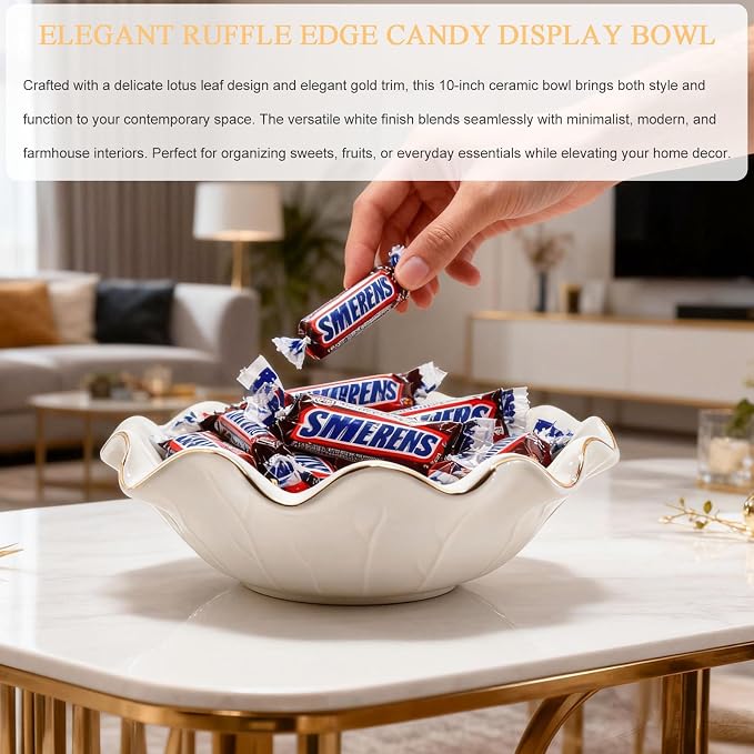 10 Inch White Ceramic Decorative Bowl, Large Shallow Bowl with Ruffle Lotus & Gold Trim - Fruit Display for Kitchen Counter, Modern Dining & Coffee Table Decor Centerpiece, Ideal Housewarming Gift ﻿