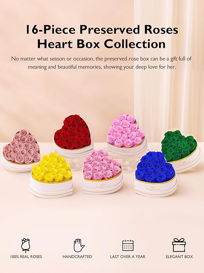 Eterfield 16 Forever Flowers in Heart Shape Box, Preserved Roses That Last a Year Preserved Flowers Birthday Gifts for Her Mom Women Wife Anniversary Valentine's Day Mother's Day, Yellow