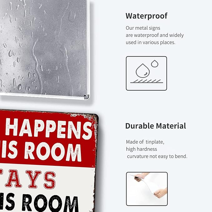 Room Signs Man Cave Wall Decor For Men Funny Metal Tin Bedroom Sign What Happens In This Room Stays In This Room Signs Vintage Dorm Door Decorations For Guys Mens Room Accessories And Signs Women Gift 8 X 12 In