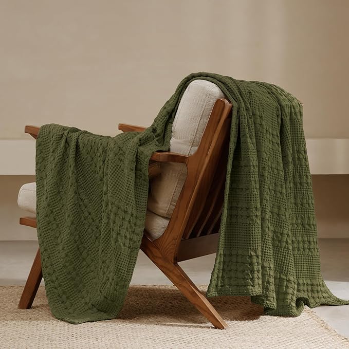 PHF 100% Cotton Waffle Throw Blanket for Couch, Lightweight Breathable and Soft for Summer, Luxury Aesthetic Waffle Weave Blanket for Home Decor & Office, Gifts for Women, 50"x60", Capulet Olive