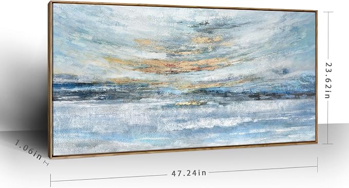 Nicetop Large Wall Art Canvas for Living Room, Framed Abstract Coastal Painting - 48x24 Inch Modern Light Blue and Gold Sunset Print, Ready to Hang Décor for Bedroom, Office, Bathroom, Dining Room Wall