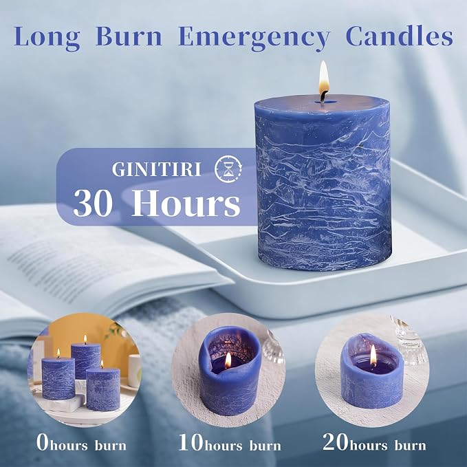 6 Pack Natural Blue Soy Pillar Candles, 2.8x3 in Hand-Poured Unscented Candles, 180 H Burn Time, Non-Toxic, Smokeless Dripless Rustic Pillar Candle for Dinner, Wedding, Home, Bathroom