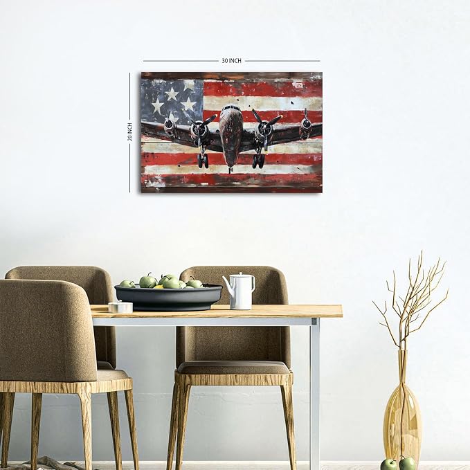 Airplane Wall Art Aviation Decor for Men Office Living Room Home Decorations Vintage Airplane Propeller Wall Decor Retro American Flag Poster Kids Boys Military Fighter Canvas Pictures Artwork 20x30"