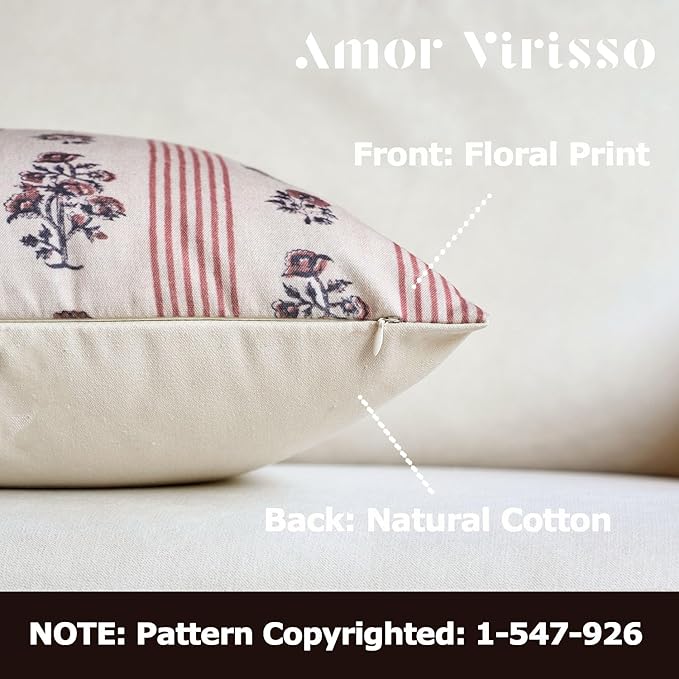 Amor Virisso Floral Throw Pillow Covers 20x20 Set of 2 Block Print Pillow Covers Neutral Floral Striped Farmhouse Decorative Pillow Covers for Sofa Couch Bed, Red
