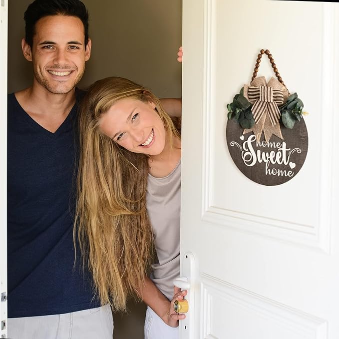 Welcome Sign for Front Door 3D Wooden Wreath Front Porch Decor Hanging for Farmhouse Home Outside Indoor (Brown-Sweet)