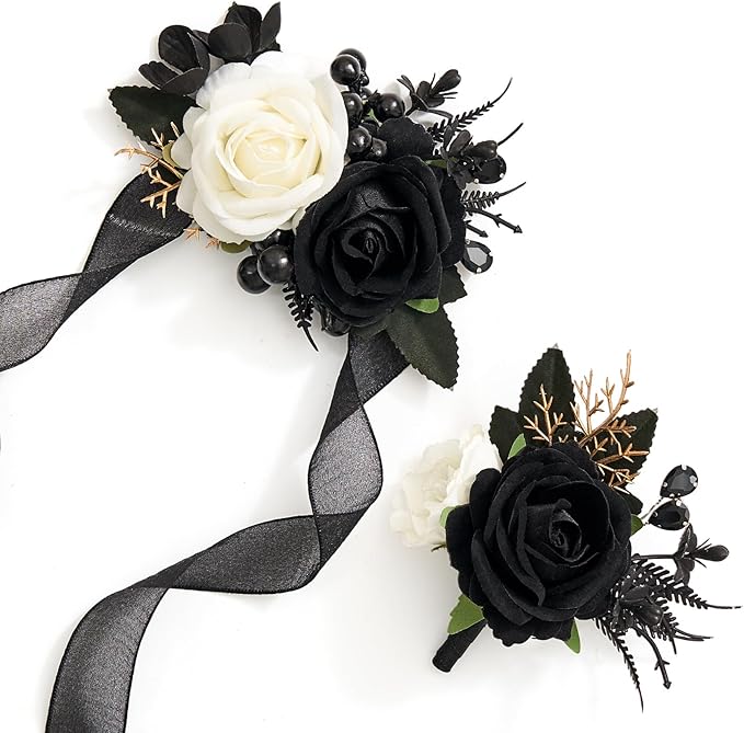 Alecono Black and White Corsage and Boutonniere Set, Corsages for Bride Bridesmaid Groom Bridegroom, Artificial Flowers for Prom Graduation Ceremony Anniversary