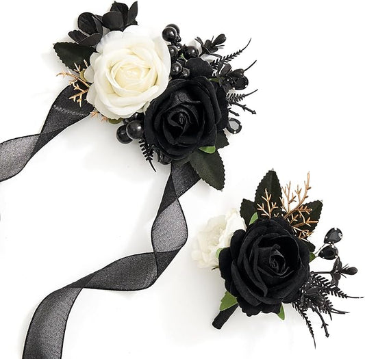 Alecono Black and White Corsage and Boutonniere Set, Corsages for Bride Bridesmaid Groom Bridegroom, Artificial Flowers for Prom Graduation Ceremony Anniversary