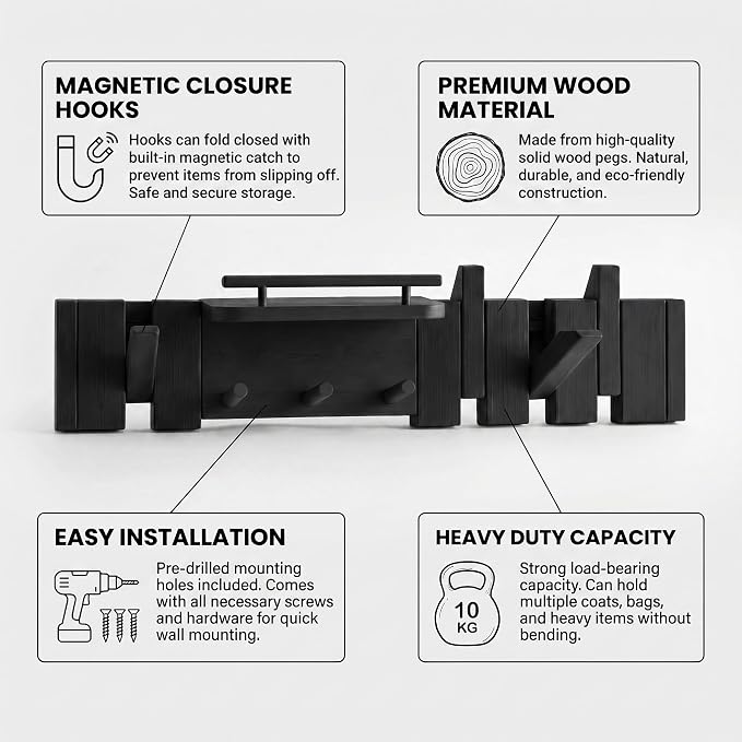 Mid Century Modern Walnut Foldable Entryway Wall Coat Hanger Hook with Shelf,Heavy Duty Wooden Piano Hidden Towel Hooks for Bathroom,Wall Rack for Purse&Key&Mail,Home Decor (Black, 7 Hooks)
