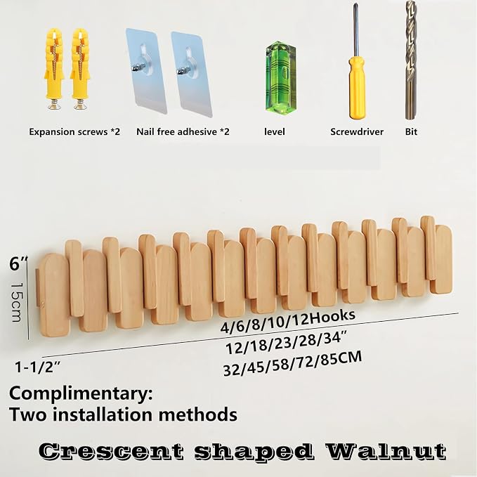 Wall Mounted Coat RackHooks Piano Key Hangers Natural Solid Wood Hanger Non-Woven Fabric Clothes Hangers for Closet, Kitchen, Bedroom, Bathroom, Entryway (Moon-Beech, 8 Hooks)