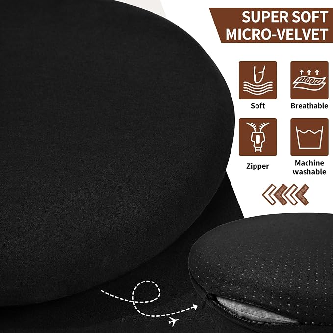 BUYUE Memory Foam Seat Cushion, Dia 15" Soft Velvet Round Stool Cushion Anti-Slip Chair Pads, M, Black