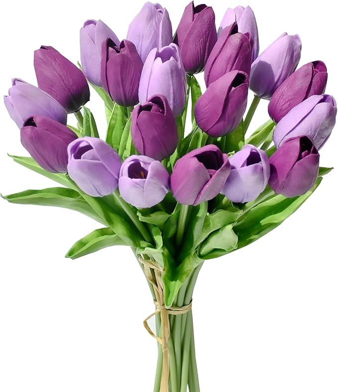 Mandy's Shades of Purple Artificial Tulips Flowers Centerpiece, 13.5" Lifelike PU Fake Floral Stems 20pcs for Kitchen Island & Dining Table, Spring Decor for Easter