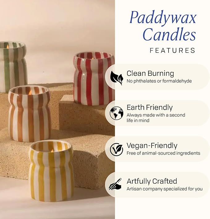 Paddywax Cabana Hand-Painted Scented Candle with Lid in Ceramic Reusable Jar, Clean-Burn Soy Candle, Warm Cider Scent, Approx. 42 Hour Burn Time, 6.5 oz