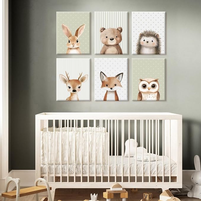 Woodland Animal Nursery Wall Art Baby Kids Canvas Poster Safari Animal Wall Decor Jungle Forest Prints Bear Fox Deer Pictures Sage Green Painting Neutral Artwork for Bedroom 8x10x6 Inch Ready to Hang