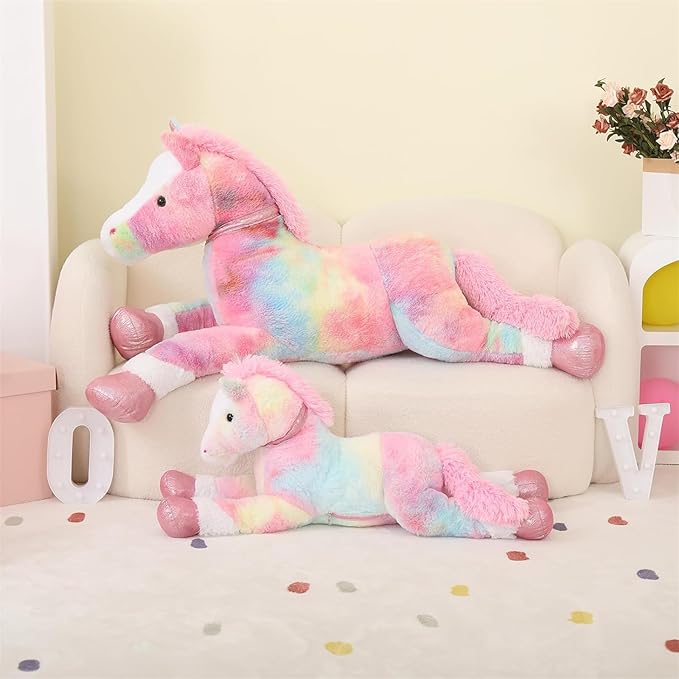 Tezituor 47 Inch Large Horse Stuffed Animal Toy, 4ft Tie-Dye Pink Horse Pony Plush Toy, Hugging Giant Soft Horse Plush Pillow for Kids Adult