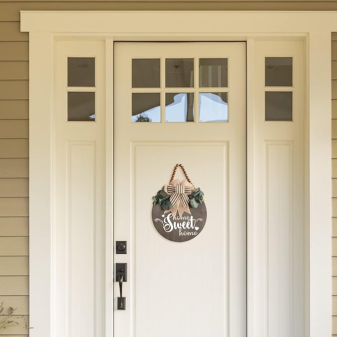 Welcome Sign for Front Door 3D Wooden Wreath Front Porch Decor Hanging for Farmhouse Home Outside Indoor (Brown-Sweet)