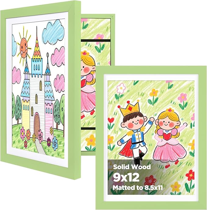KINLINK 9x12 Kids Art Frame Set of 2, Solid Wood Kids Artwork Frames Changeable with Front Opening Hold 150 Pictures, Art Frames for Kids Art with Mat，without Mat 9x12 Picture Frame Green