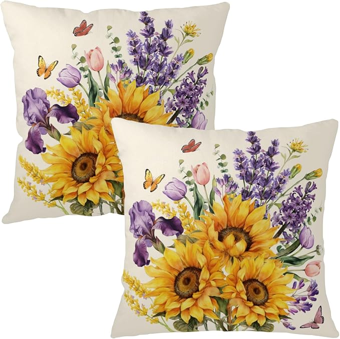 Sunflower Butterfly Throw Pillow Covers Tulip Iris Floral Pillow Covers 20x20 Set of 2 Purple Lavender Flower Pillow Cases Spring Summer Rustic Farmhouse Cushion Cases for Home