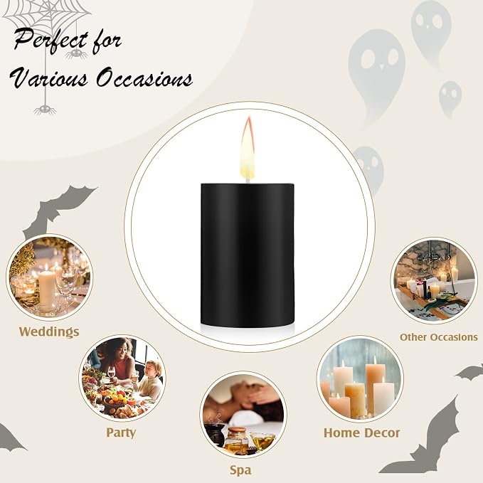Lounsweer 12 Pcs Pillar Candles Bulk for Wedding Unscented Pillar Candles 3 Set 2 x 3/6/8 Inch Multi Size for Weddings Engagement Spa Home Party Events Ceremony(Black)