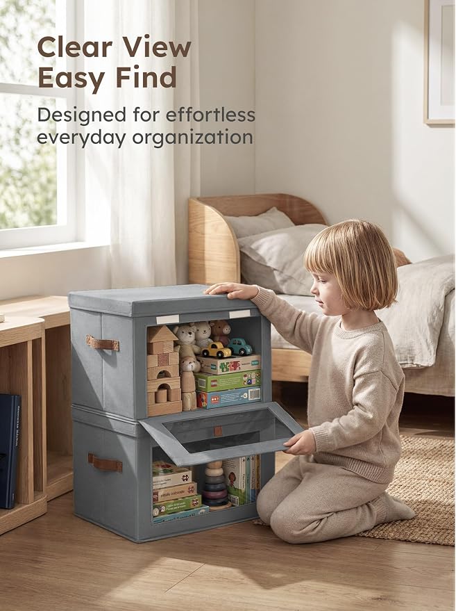 Homsorout Medium Fabric Storage bins - Collapsible Storage Bins with Open Window, 3 Pack Closet Baskets for Shelves, Stackable Decorative Boxes for Home, Dorm, Grey, 13.7"x 9.8" x 9.8"