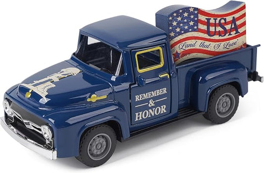 4th of July Patriotic Truck Decor, Red White and Blue Decorations Tiered Tray, Rustic Farmhouse Tabletop Centerpiece for Memorial Day Independence Day Decorations for Home Office
