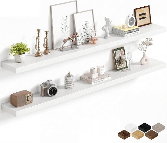 Fun Memories 67Inch Long Floating Shelves, 8 Inch Deep Shelves for Bedroom|Living Room, Wall Mounted Wood Hanging Shelf with Invisible Brackets for Fireplace Mantel Home Storage Decor, White - 2 Pack