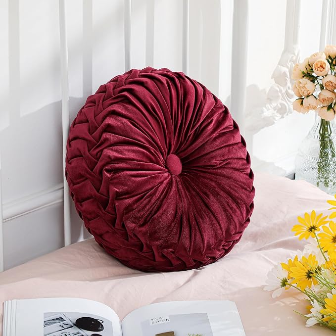Drydiet 1 Pcs Round Throw Velvet Pillows Decorative Pleated Throw Pillows Diameter Accent Pumpkin Boho Chair Cushion for Couch Sofa Home Decoration (Burgundy,15'')