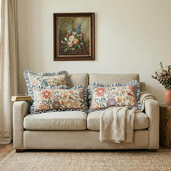 bilin gaier Vintage Linen Throw Pillow Cover,28"x12"-Flowershadow A | Designer Rectangular Pillow Cover,Concealed Zipper Design,Floral Pattern,Sofas,Bedroom,Living Room,Lounge Chairs