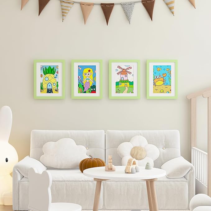 KINLINK 8.5x11 Kids Art Frame Set of 2, Solid Wood Kids Artwork Frames Changeable with Front Opening Hold 150 Pictures, Art Frames for Kids Art with Mat，without Mat 8.5x11 Picture Frame Light Green
