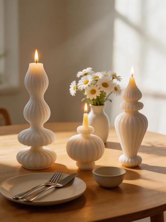 Ribbed Pillar Candles Set of 3，Modern Aesthetic Decorative Candle Set Cute Soy Wax Scented Ribbed Decor for Home Bathroom Living Room，White