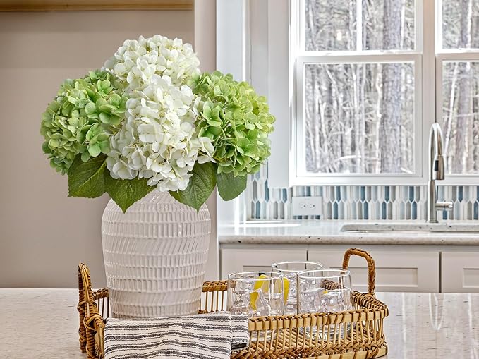 ZYTUYO 2PCS White & 2PCS Green Fake Hydrangea Real Touch 20" Latex Artificial Hydrangea Flowers with Long Stems for Outdoor Indoor Spring Home Decor Porch Party Wedding Xmas Floral Arrangements