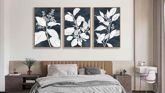 Large Botanical Wall Art for Living Room Natural Wood Float Framed Art Set of 3 White Plant Canvas Pictures Minimalist Artwork Indigo Canvas Prints for Bedroom Home Office Wall Decor 32"X48"X3