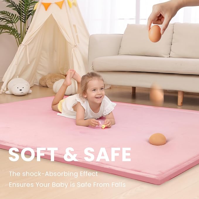 Extra Large 79"x118" Baby Activity Play Mat for Floor, 1.3" Thick Elasti Foam for Tummy Time & Crawling, Non-Slip Nursery Rug for Infants, Toddlers & Kids, Tatami Style Mat for Yoga, Living Room, Classroom & Playroom(Pink)