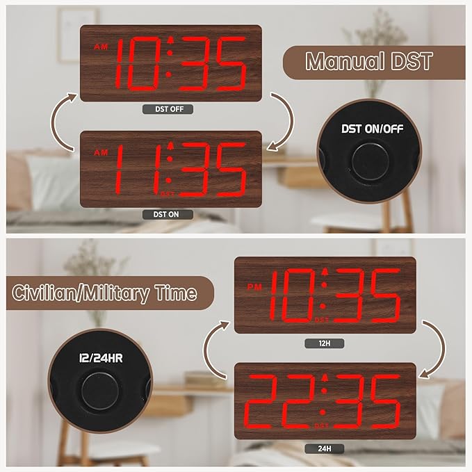 DreamSky Wooden Digital Alarm Clock for Bedroom - Desk Clocks with Large Numbers for Living Room, Office, Dimmer, Loud Alarm for Heavy Sleepers with Volume Control, DST, Wood Decor (Plug in Clock)