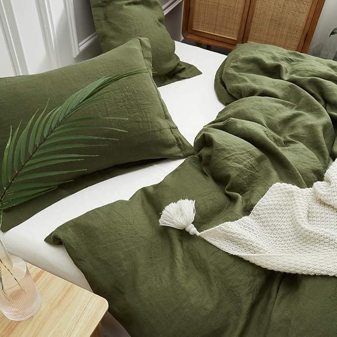 Simple&Opulence 100% Linen Duvet Cover Set, Natural French Flax Olive Green Duvet Cover Twin Size, Breathable Soft Comfy Linen Bedding Comforter Cover with 1 Pillowcase(Olive Green, 68"x86")