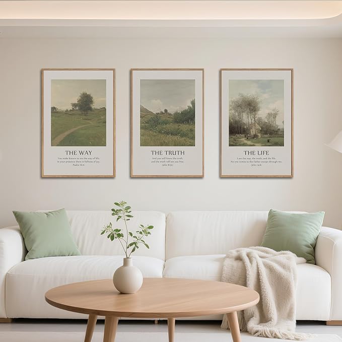 SIKERIC Vintage Christian Bible Verse Wall Art Set of 3, The Way The Truth The Life Framed Canvas Art Painting, Scripture Jesus Art Prints, Modern Village Decoration for Living Room, Church-16x24
