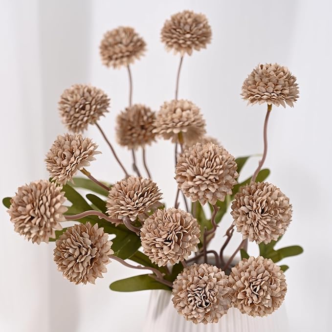 Waipfaru 10pcs Fake Silk Pompon Mum Artificial Flowers, Bulk Faux Mini Chrysanthemums, for Centerpieces Wedding Fillers Champagne Arrangements, No vase, Brown