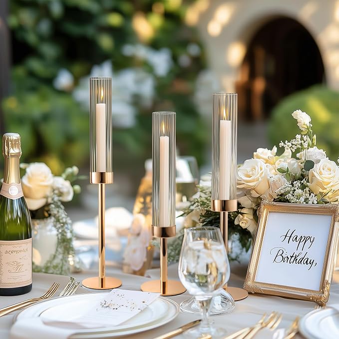 Gold Hurricane Candle Holders, Set of 6 Glass Taper Candlestick Holders Metal Candle Stands Bulk with Ribbed Glass Cover for Dining Tables Wedding Candelabra Centerpieces Decor