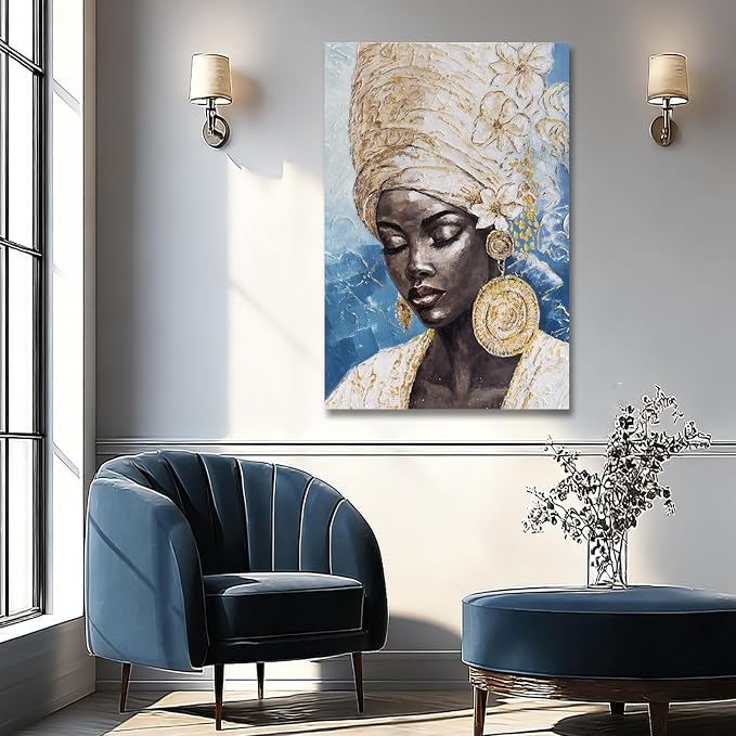 Dolidoteart Blue Gold Black Woman Wall Art, African American Canvas Print Wall Decor for Living Room Bedroom Office, Modern Portrait Artwork, 24x36 Inch