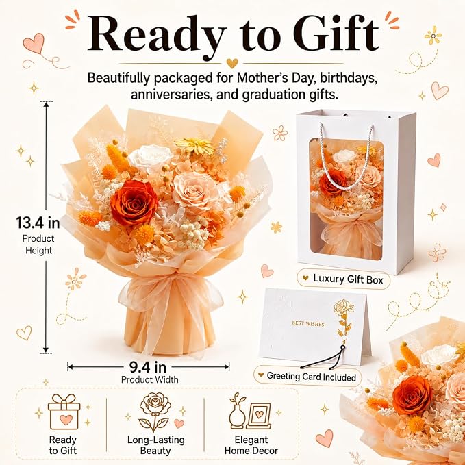 Preserved Champagne Rose Bouquet, 100% Real Flowers for Women Mother Wife, Long-Lasting Eternal Cream Roses with Gift Box, Forever Flowers for Anniversary Birthday Mother's Day, Lasts 3-5 Years