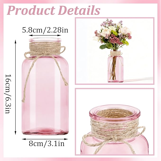 Vintage Glass Flower Vase, Farmhouse Glass Centerpiece Vases Mason Jars for Weddings, Parties & Home Decor Bulk (3, Pink)