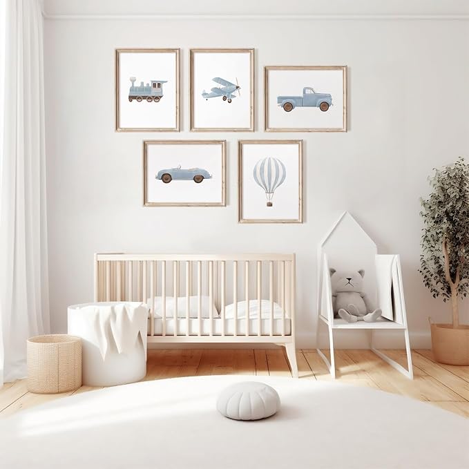Blue Car Wall Art Decor Boys Room Canvas Poster Vintage Train Transportation Wall Art Watercolor Toddler Art Prints Blue Car Pictures Painting for Boy Bedroom Kids Nursery 8x10 Inch Unframed Set of 5
