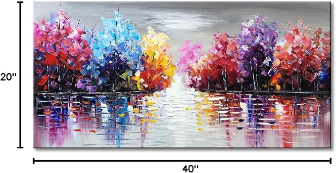 Hand Painted Colurful Textured Lake Landscape Oil Painting on Canvas Purple Tree Wall Art Abstract Nature Artwork for Living Room Bedroom Decor