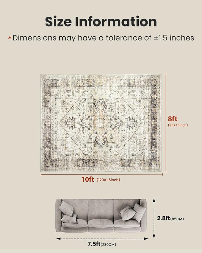 AMADA HOMEFURNISHING 8x10 Area Rugs, Low-Profile Large Washable Area Rug with Non-Slip Backing & Durable Edge Binding, Vintage Rugs for Living Room, Bedroom, Dinning Room