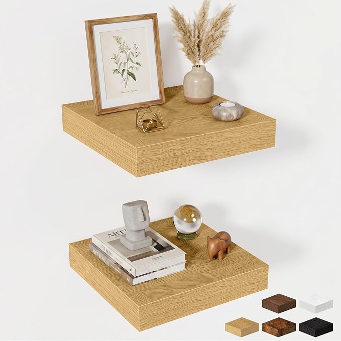 Fun Memories Floating Shelves for Wall 12 Inch, 12 Inch Deep Square Wall Shelves, Bathroom Storage Shelves Over Toilet, Wood Floating Shelves for Living Room Bedroom, Oak, Set of 2
