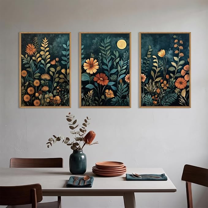 Vintage Dark Botanical Framed Canvas Wall Art Set,Colorful Floral Wall Decor,Moody Blue Wildflower Wall Painting,Nature Blossom Flower Art Prints for Living Room,Bedroom,Office-24 X36 X3
