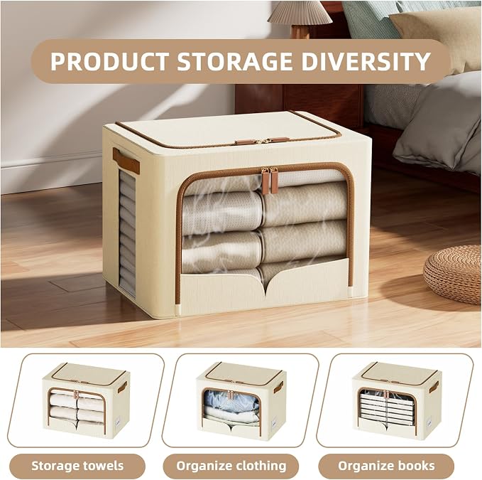 FHSQX 6 Pack Clothes Storage Bins with Metal Frame, Ivory White, 19.7x15.7x13 inch